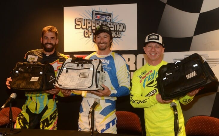 Superprestigio of the Americas riders Blake Young, Josh Hayes and Bryan Smith are presented their SOTA Swag Bag during a press conference at the Orleans Arena. (Kinney Jones photo)