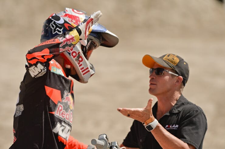 Dungey celebrates the 450 outdoor title with his new trainer Aldon Baker.