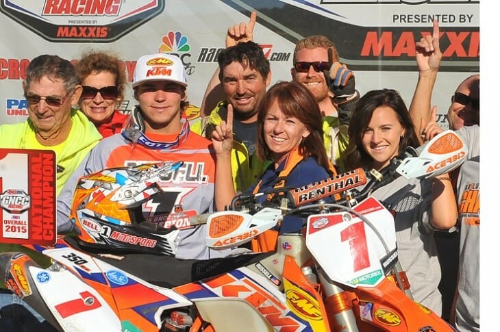 Kailub and his dad, Jeff (behind Kailub on right), both have Enduro Championships.