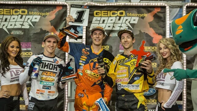 Webb (center), Robert (left) and Haaker (right) took the Ontario EnduroCross podium. Photo: Drew Ruiz
