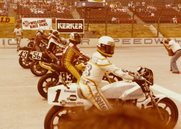 Heavy hitters: The front row for the 1979 AFM Six-Hour from Ontario Motor Speedway - Reg Pridmore (1), Steve McLaughlin (83), David Emde (56) and Mike Baldwin (43). (Don Emde Collection)