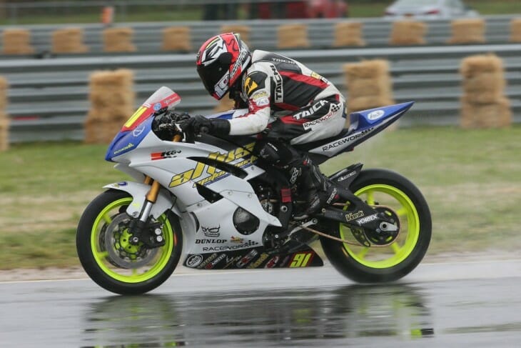 Despite the cold and rainy conditions, JC Camacho pushed hard on his Altus Motorsports Tuned By RaceworX Yamaha R6 on Sunday afternoon to earn a second successive event third place finish and a trip to the Superstock 600 podium during the Moto America Superbike Championship of New Jersey. (Brian J. Nelson photo)