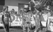 Freddie Spencer pours champagne on the head of winner Eddie Lawson with Wes Cooley looking on at the 1981 Seattle AMA Superbike round. These were the three top players in that year’s AMA Superbike Championship.