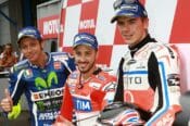 the front row for the 2016 dutch tt with valentino rossi (2nd), andrea dovizioso (pole) and scott redding (3rd)