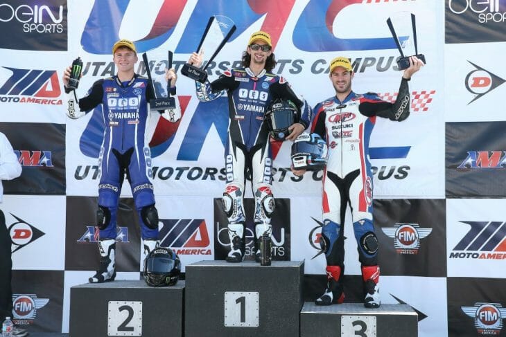 (Left to right) Garrett Gerloff, JD Beach and Valentin Debise celebrate their Supersport success. Beach ended a perfect two-win weekend on Saturday. Photography by Brian J. Nelson.
