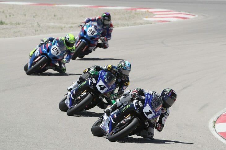 Cameron Beaubier (1) won his seventh race of the season in the first of two Superbike races at Utah Motorsports Campus on Saturday. Beaubier beat teammate Josh Hayes (4) in race one. Photography by Brian J. Nelson. 