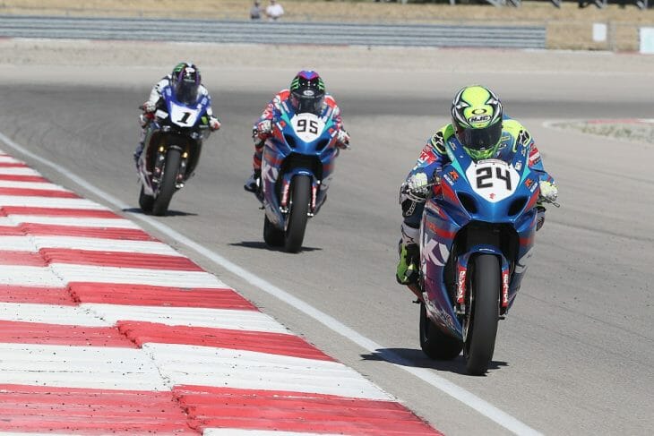 Toni Elias (24) won race two in Utah, besting Beaubier (1) and Roger Hayden (95). Photography by Brian J. Nelson.