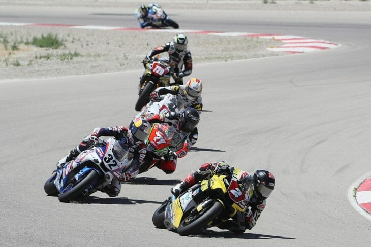 Bazzaz Superstock 1000 series points leader Josh Herrin (2) won his sixth Superstock 1000 race in a row in Utah and seventh of the year. Photography by Brian J. Nelson.