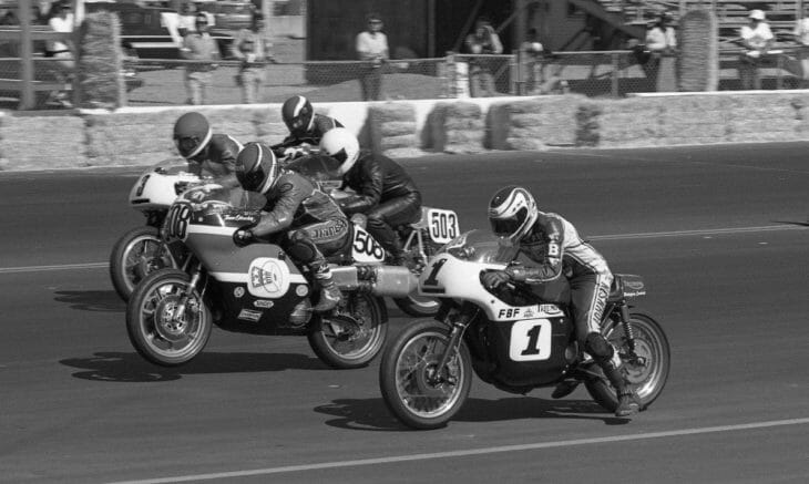 Allen Satterlee wheelies his Harley-Davidson at the start of an AHRMA Vintage race at Sears Point in October of 1988.