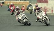Anthony Lupo loses control next to race leader Doug Polen at the 1997 Sears Point 750 Supersport race.
