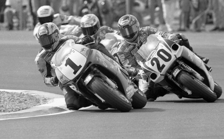 Miguel Duhamel (No. 1) heads a pack of riders in the AMA 600 Supersport race at Phoenix International Raceway in February of 1997.