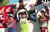 Jeff Emig celebrates his victory at the 1997 Daytona Supercross over Greg Albertyn and Jeremy McGrath
