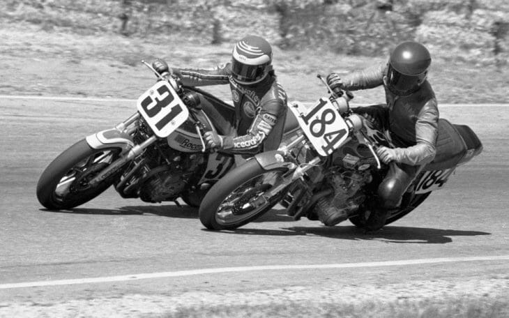 Racercrafters Kawasaki’s Harry Klinzmann, one of the stars of the series, going bar to bar with privateer Steve McClenon on a Suzuki GS750-based machine.