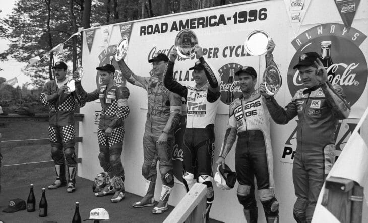 Dale Quarterley and Doug Polen took the victory in the 1996 AMA Performance Machine SuperTeams Series race at Road America