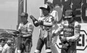 Jimmy Filice atop the podium with Sito Pons (right) and Dominique Sarron (left) in the 250cc Grand Prix race at Laguna Seca Raceway in April of 1988.