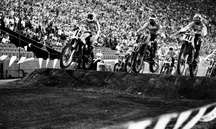 Arlo Englund (No. 15) and Jim Weinert (No. 46) doing battle in the 1981 Los Angeles Supercross