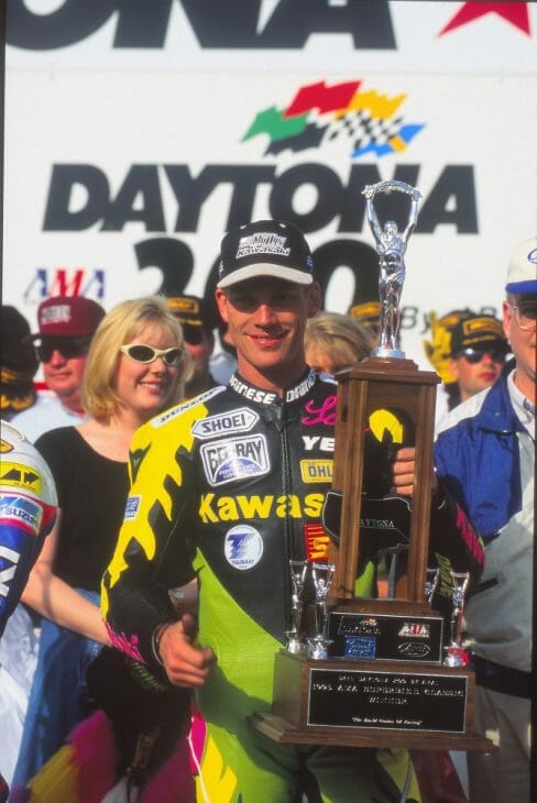 Scott Russell celebrates his 1995 Daytona 200 in Victory Circle at Daytona International Speedway. (Henny Ray Abrams photo)