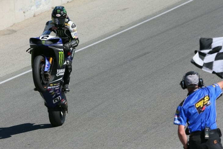 Herrin wheelies over the line at Laguna. Herrin wheelies over the line at Laguna.