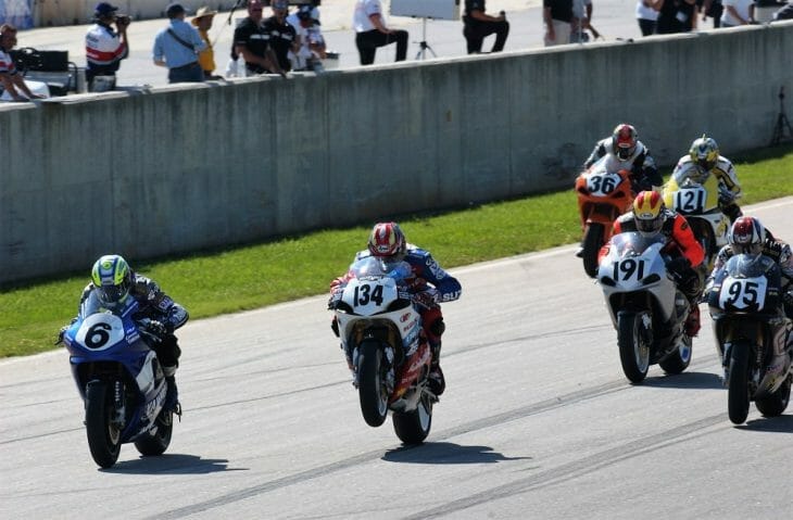 Marty Craggill (134) looks like he found the powerband on his Team Hammer Suzuki at the start of the Lockhart-Phillips USA Formula Xtreme Series race at Road Atlanta in 2002. 
