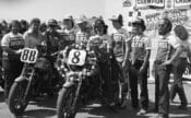 Members of Team Honda pose for a photo after the AMA Superbike race at Laguna Seca Raceway in August of 1980.