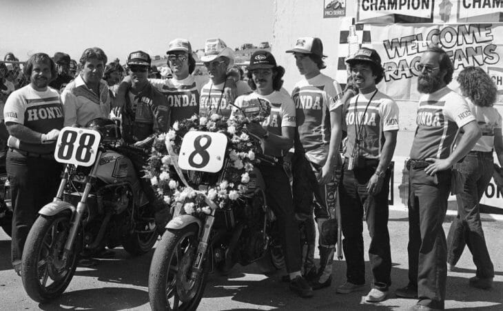Members of Team Honda pose for a photo after the AMA Superbike race at Laguna Seca Raceway in August of 1980. 