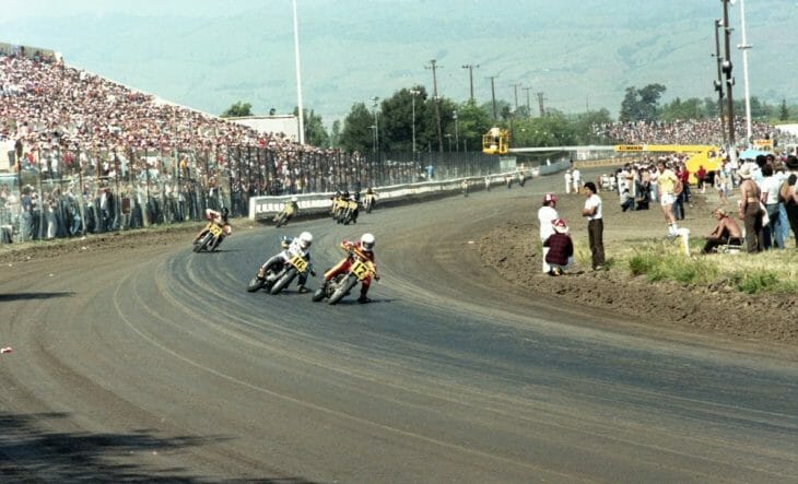Jimmy Filice and Rich Arnaiz lead the pack into the first turn at the Junior Invitational National at the San Jose Mile in May of 1980.