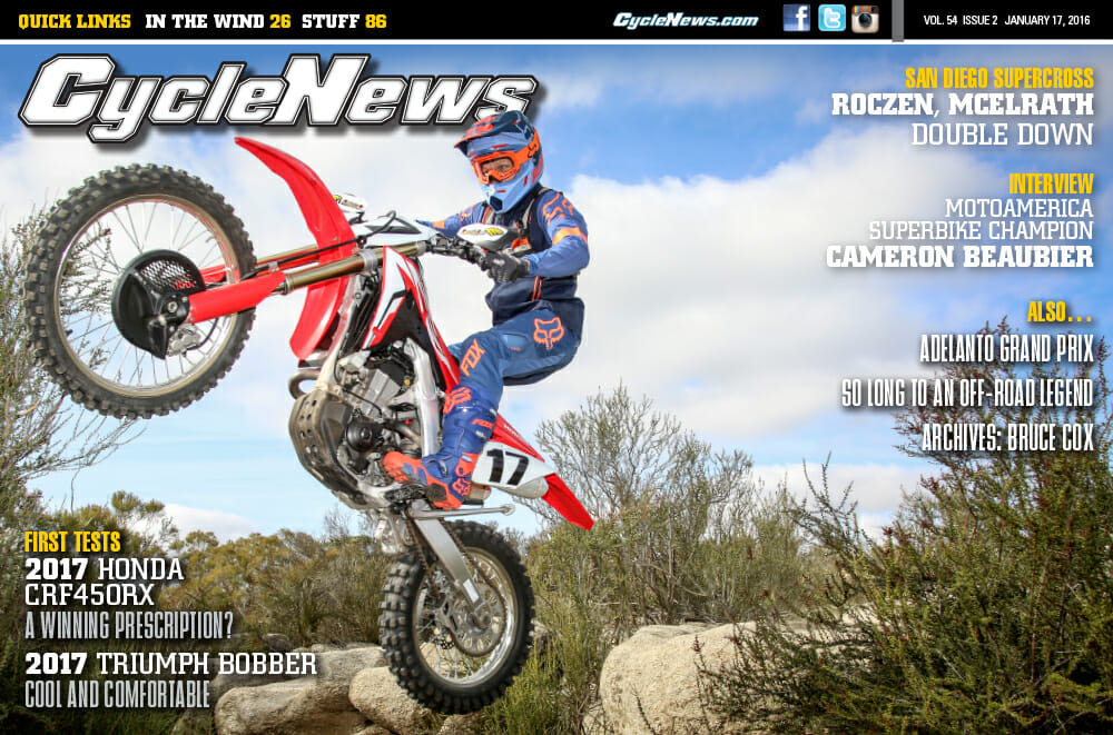Cycle News Magazine: First Test Honda CRF450RX, San Diego Supercross...