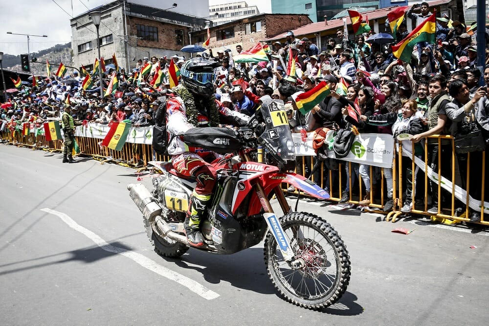 Monster Energy Honda’s Joan Barreda is welcomed by passionate Bolivian fans. Despite winning four stages, Barreda couldn’t overcome a one-hour penalty levied on the entire HRC team, and had to settle for fifth place.