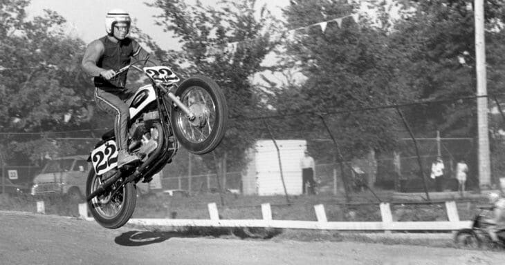 Dan Haaby jumped his Harley-Davidson KR750 at the 1969 Santa Fe TT.