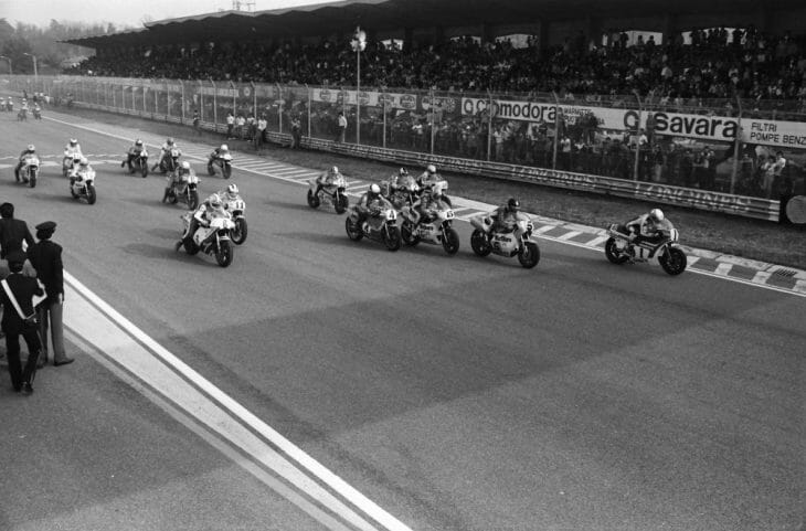 Riders blast off at the start of an early 1980s Imola 200, one of the biggest road races in the world during its era.