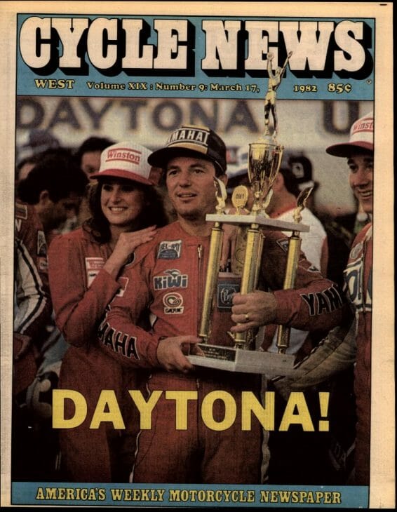 Graeme Crosby on the cover after winning the Daytona 200 in 1982. 