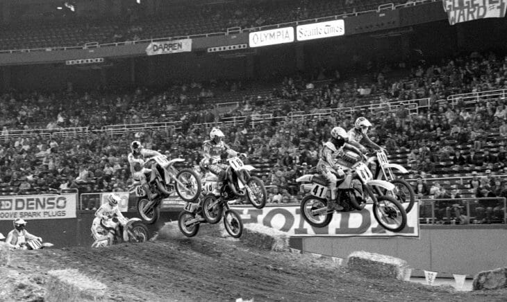 A classic Last Chance Qualifier battle at the 1986 Seattle Supercross led by Jeff Frisz. 