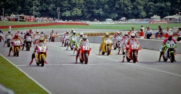 The start of the 1992 AMA Superbike race at Mid-Ohio Sports Car Course. Doug Polen (No. 23) won the race.