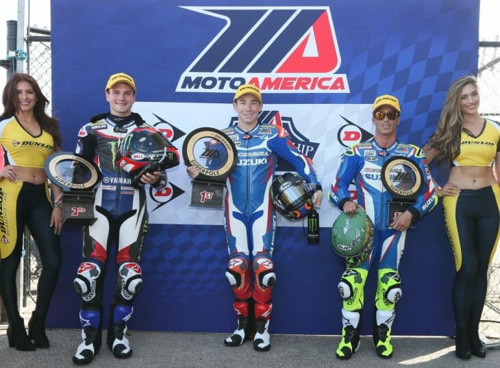 Yoshimura Suzuki’s Roger Hayden (center) won Superpole Friday for the 2017 MotoAmerica Superbike series opener at the Circuit of the Americas at the combined MotoGP/MotoAmerica weekend in Austin, Texas. Teammate Toni Elias (right) also qualified on the front row in third. 