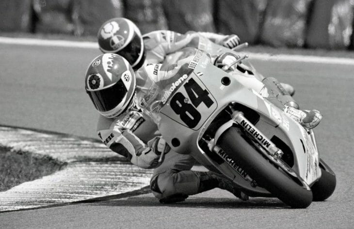 Carl Fogarty on the Silkolene Honda RC30 (the official British Honda factory machine) leading teammate Naill Mackenzie in the 1991 Daytona 200.