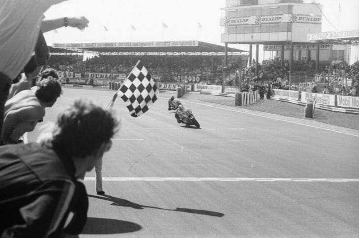 Jack Middelburg outduels Kenny Roberts to the line in the 1981 British Grand Prix, one of the most exciting race finishes in GP history. (Henny Abrams photo)