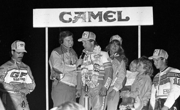 Randy Goss stands atop the podium after winning the AMA Grand National at the Ascot Park Half-Mile in Gardena, California, in May of 1986.