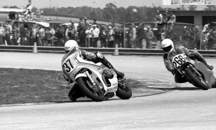 Harry Klinzmann (No. 37) and Malcolme Tunstall (No.266) do battle on the final lap of the 1984 Daytona Battle of the Twins race.