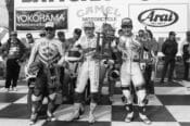 Caption: Jamie James (center) in the winner’s circle at Daytona after winning his first AMA Pro event, the ’89 Daytona 750cc Supersport race over second-place David Sadowski (right) and third-place Mike Harth (right). (Henny Abrams photo)