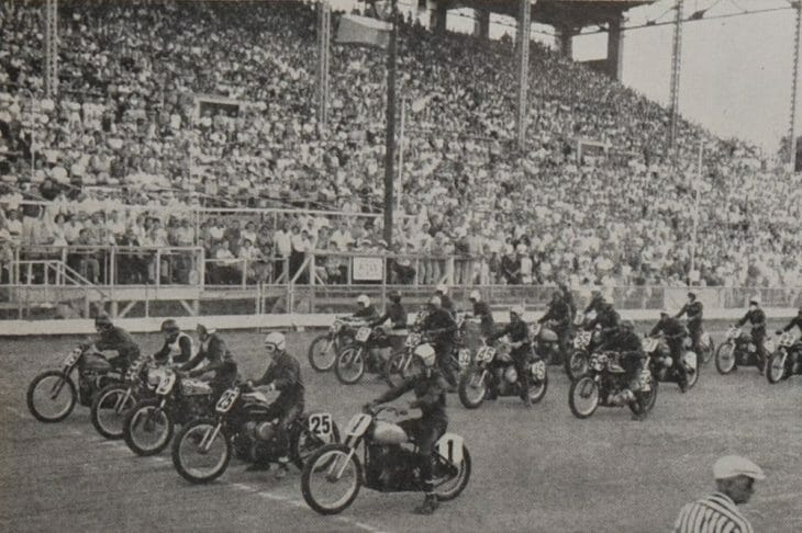 Joe Leonard (No. 1) gets ready to race in front of a packed house at the Springfield Mile