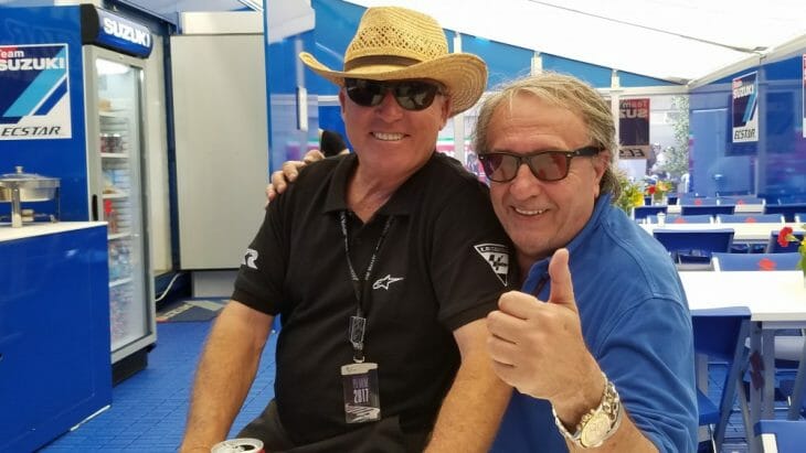 Carlo Pernat horsing around with Kenny Roberts at this year's MotoGP at COTA. (Larry Lawrence photo)