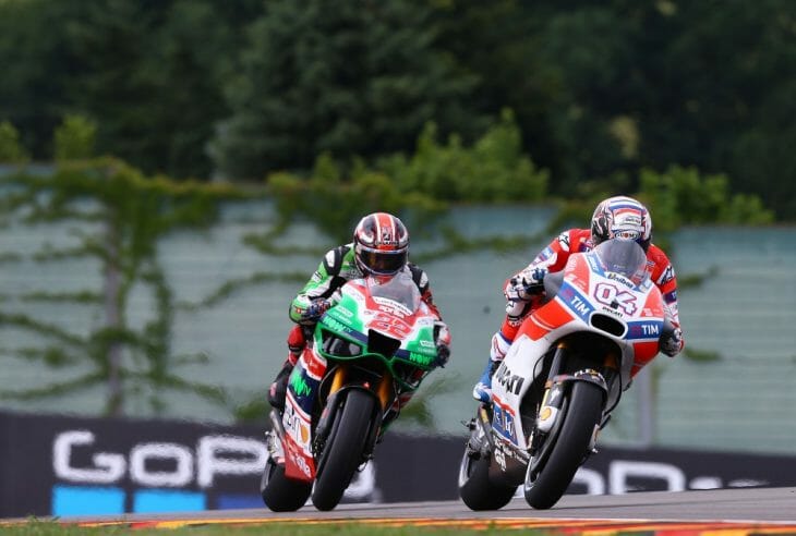 Andrea Dovizioso clocked the best time Friday in German MotoGP action at the Sachsenring.