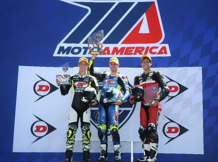 Daytona Anderson, Valentin Debise and Jayson Uribe celebrate on the Supersport podium 
