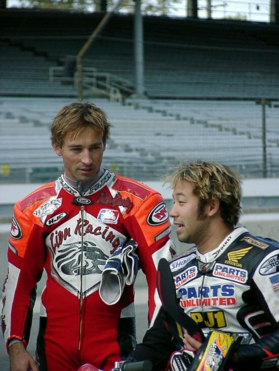 In 2003 Vincent Haskovec and Jake Zemke were the first riders to run racing motorcycles at the Indianapolis Motor Speedway in nearly a century. (Larry Lawrence photo)