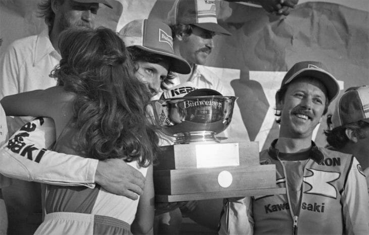 Eddie Lawson and Ron Pierce are all smiles after winning the 1981 AFM Six-Hour on a factory Kawasaki Superbike.