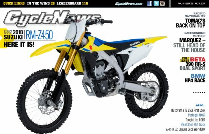 Cycle News Magazine #26: 2018 Suzuki RM-Z450 First Look, RedBud Motocross, German MotoGP...