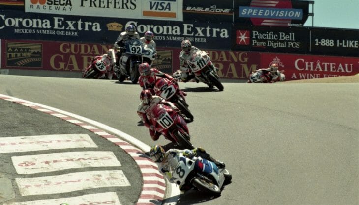 World Superbike action at Laguna Seca in 1998, which brought together the top WSBK and AMA Superbike riders.