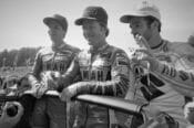 Kenny Roberts (center) smiles after winning the Austrian Grand Prix at the Salzburgring in 1983 ahead of his Yamaha teammate Eddie Lawson (left) and Suzuki factory rider Randy Mamola. (Photo by Henny Ray Abrams)