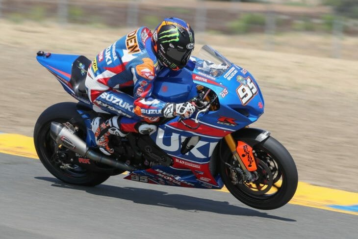 Roger Hayden qualified his Yoshimura Suzuki GSX-R1000 on the front row at Sonoma Raceway, but suffered crashes in both legs of the doubleheader. (Photo by Brian J. Nelson)