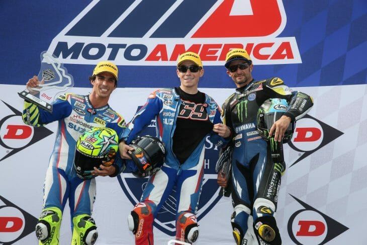 In Sunday's MotoAmerica Superbike race at PIRC, Roger Hayden (center) and Toni Elias (left) finished first and second. It marked the eighth time the season Yoshimura Suzuki has finished one-two. Elias also pushed his series lead up to 79 points with just four races remaining. (Photo by Brian J. Nelson) 